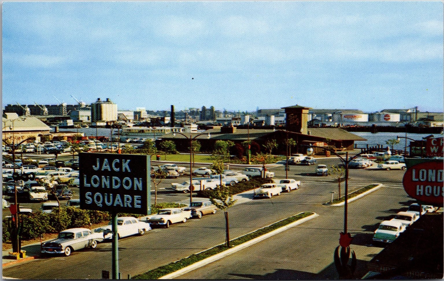 Vintage Jack London Square Oakland CA Postcard 1950s Classic Cars Waterfront