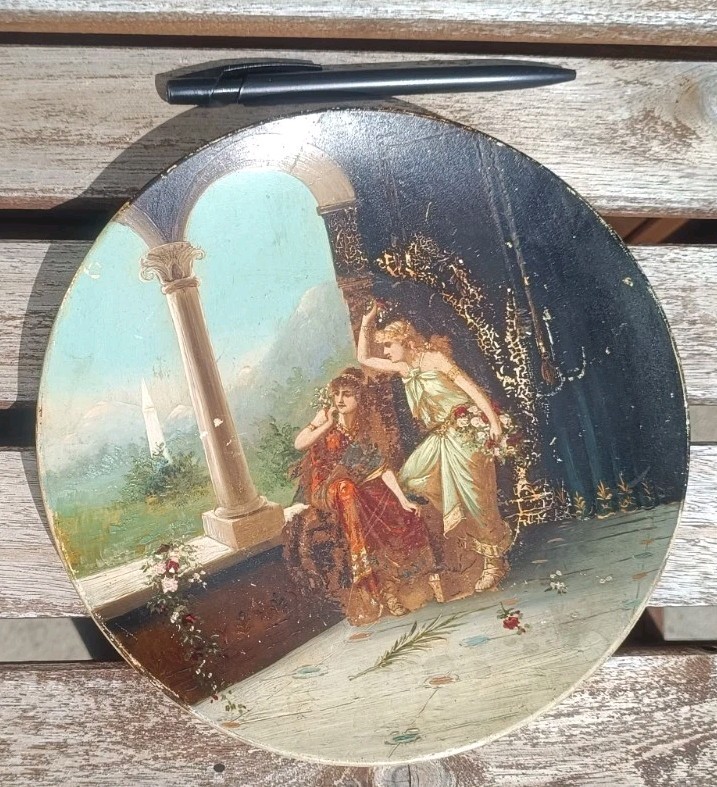 Antique Hand Painted Oil Ceramic Plaque Plate Classical Scene 19th C. Marked D 3