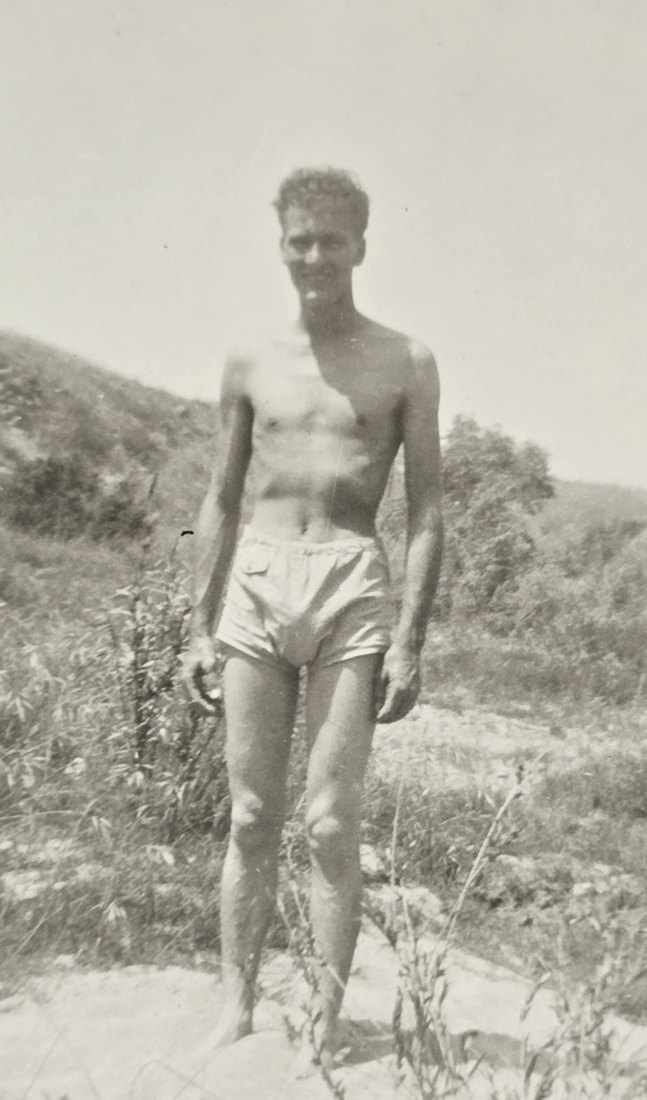 Vintage 1940s Handsome Shirtless Man Physique Snapshot Outdoor Beach Swim Trunks
