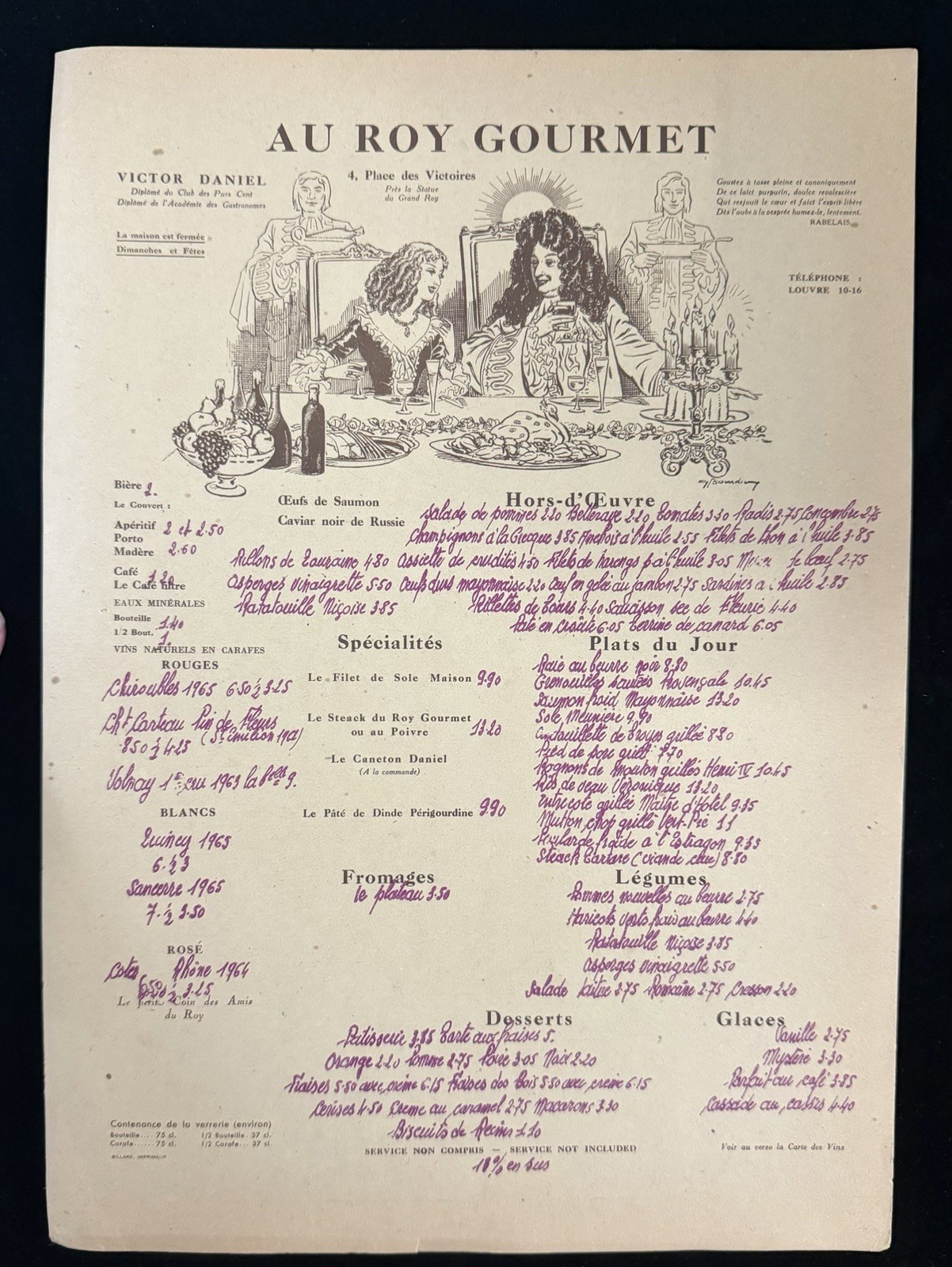 Au Roy Gourmet Paris French Restaurant Menu Recipe Sheet Place des Victoires 60s