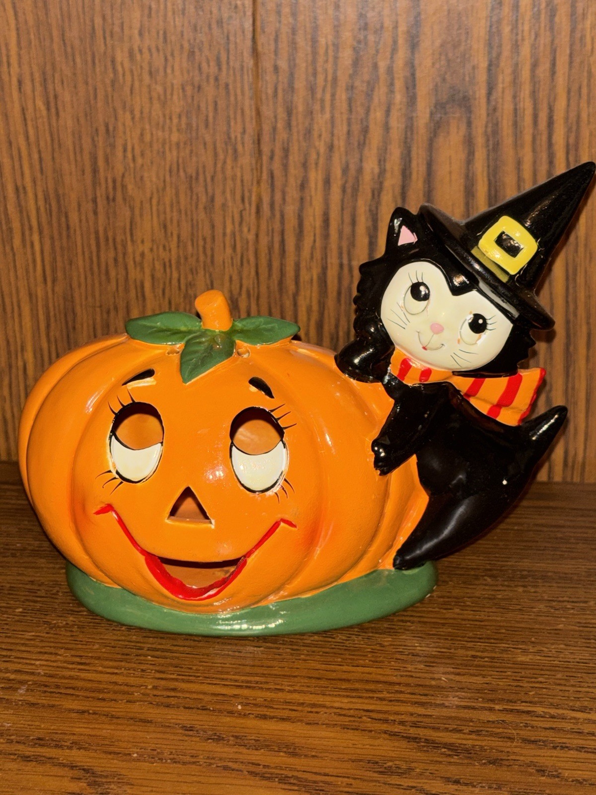 Vtg 1985 Geo Z Lefton Halloween Black Cat & Pumpkin Jack O Lantern Candle Holder