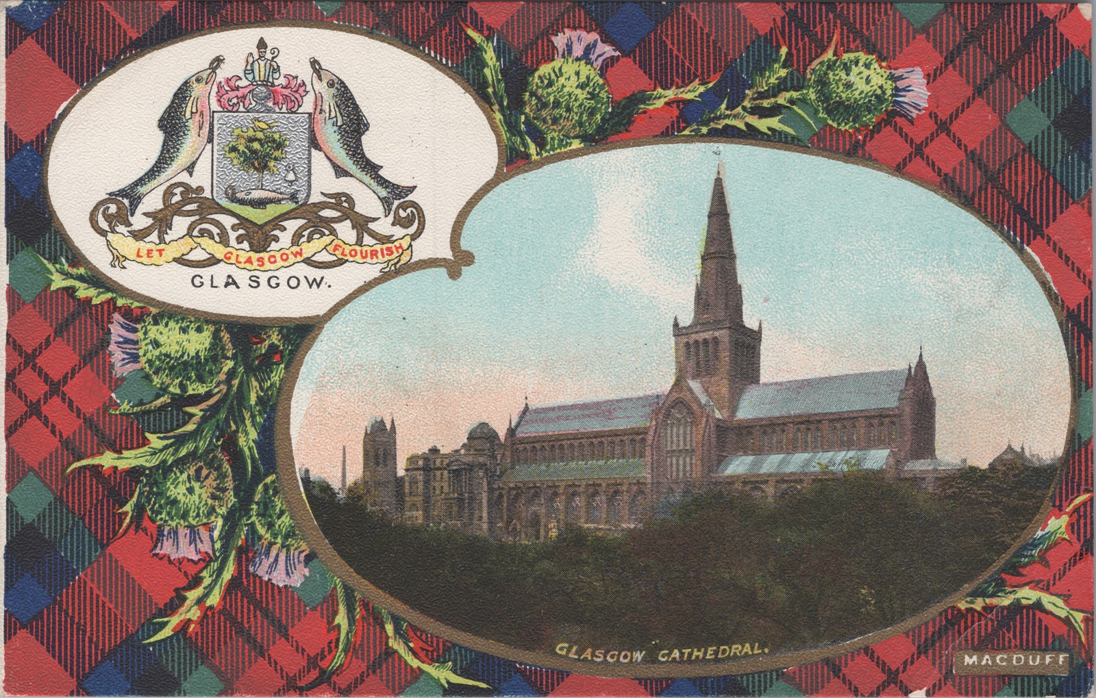 Glasgow Cathedral Scotland Postcard Coat of Arms Tartan Thistle MacDuff c1910