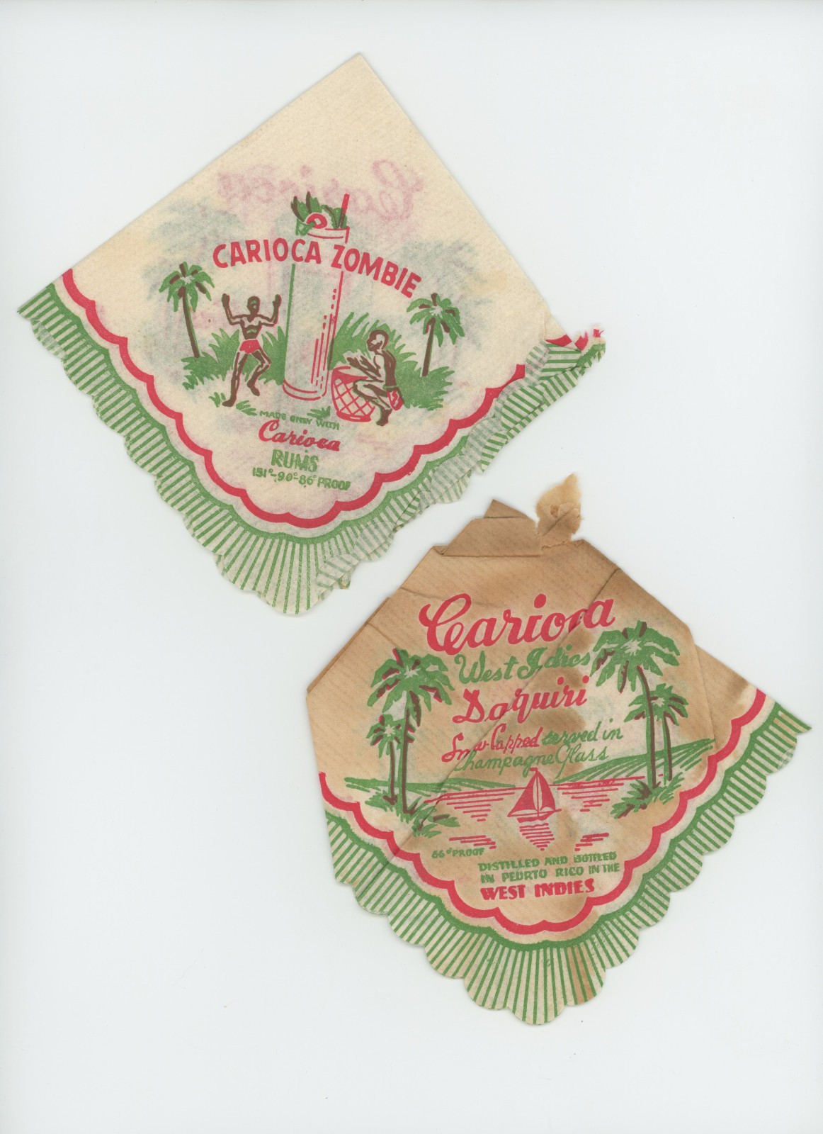 2 RARE 1930s 40s Tiki Bar Carioca Zombie Rum Cocktail Napkins Puerto Rico