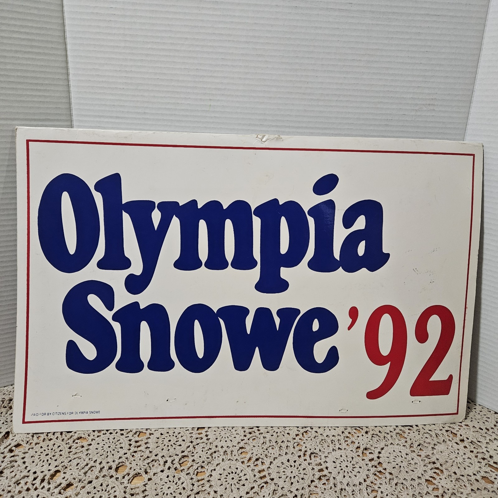 Vintage Political Sign Olympia Snowe 1992 92 Maine Republican Senator