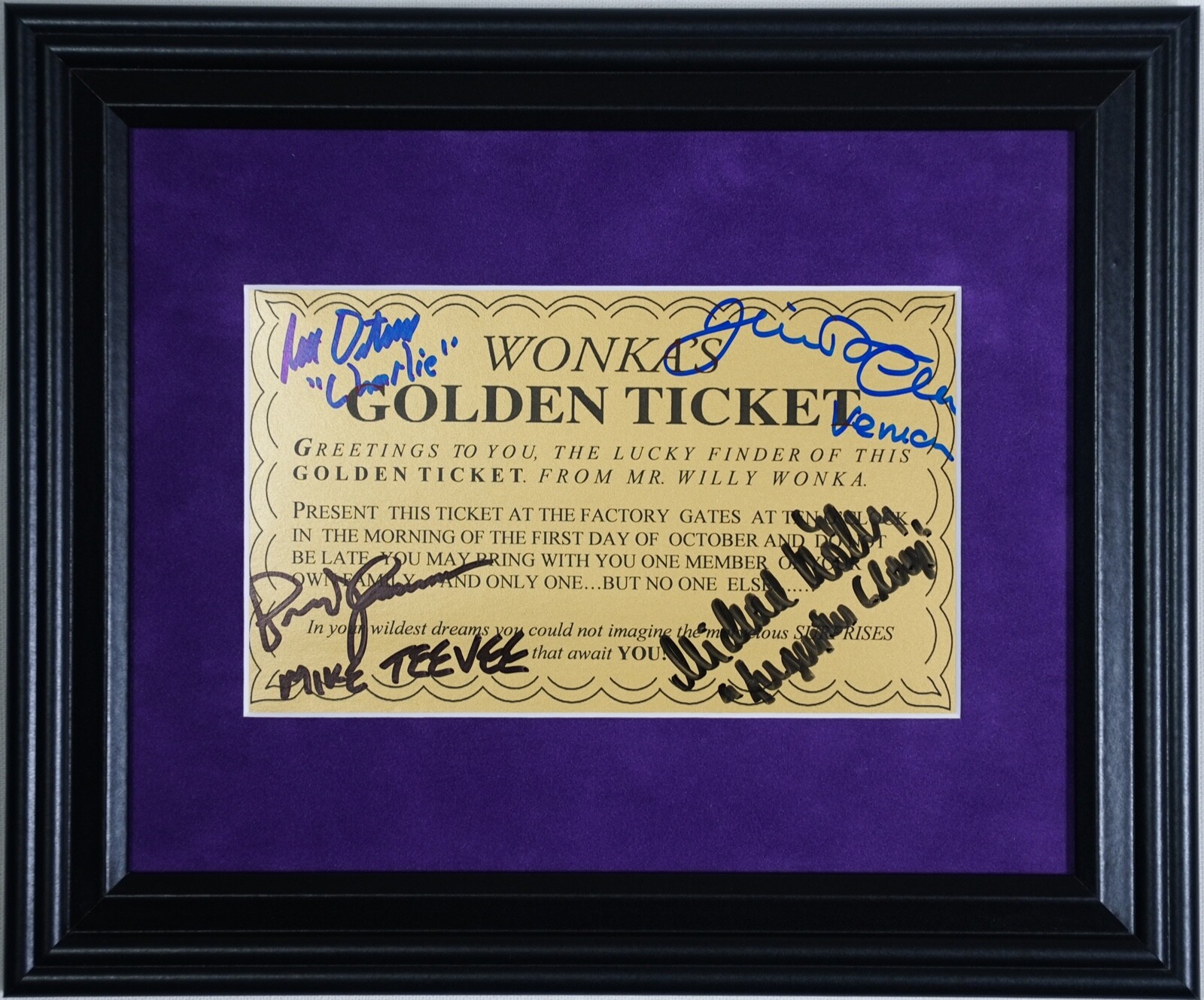 WILLY WONKA GOLDEN TICKET FRAMED, AUTOGRAPHED SIGNED BY 4, I'M THE MIKE TV ACTOR