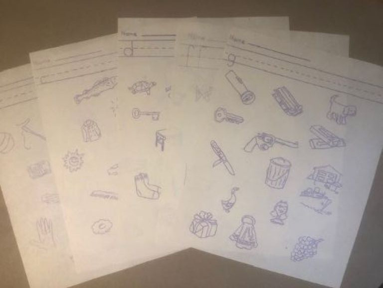 lot of five old elementary school mimeograph paper picture worksheets hand art