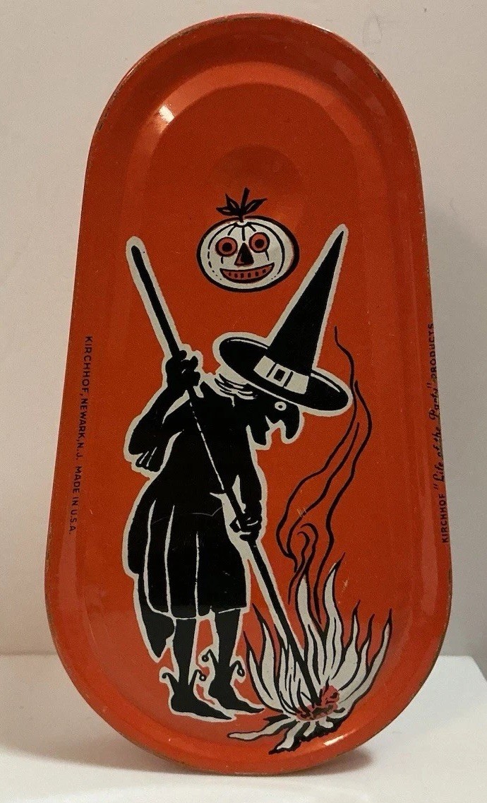 VINTAGE KIRCHHOF TIN LITHO HALLOWEEN RATCHET NOISEMAKER WITCH X-LARGE 5 1/2”