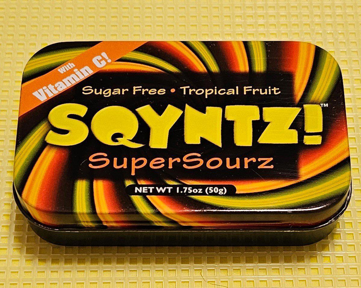 SQYNTZ Super Sourz Sugar Free Tropical Fruit Candy Mints EMPTY Tin Container