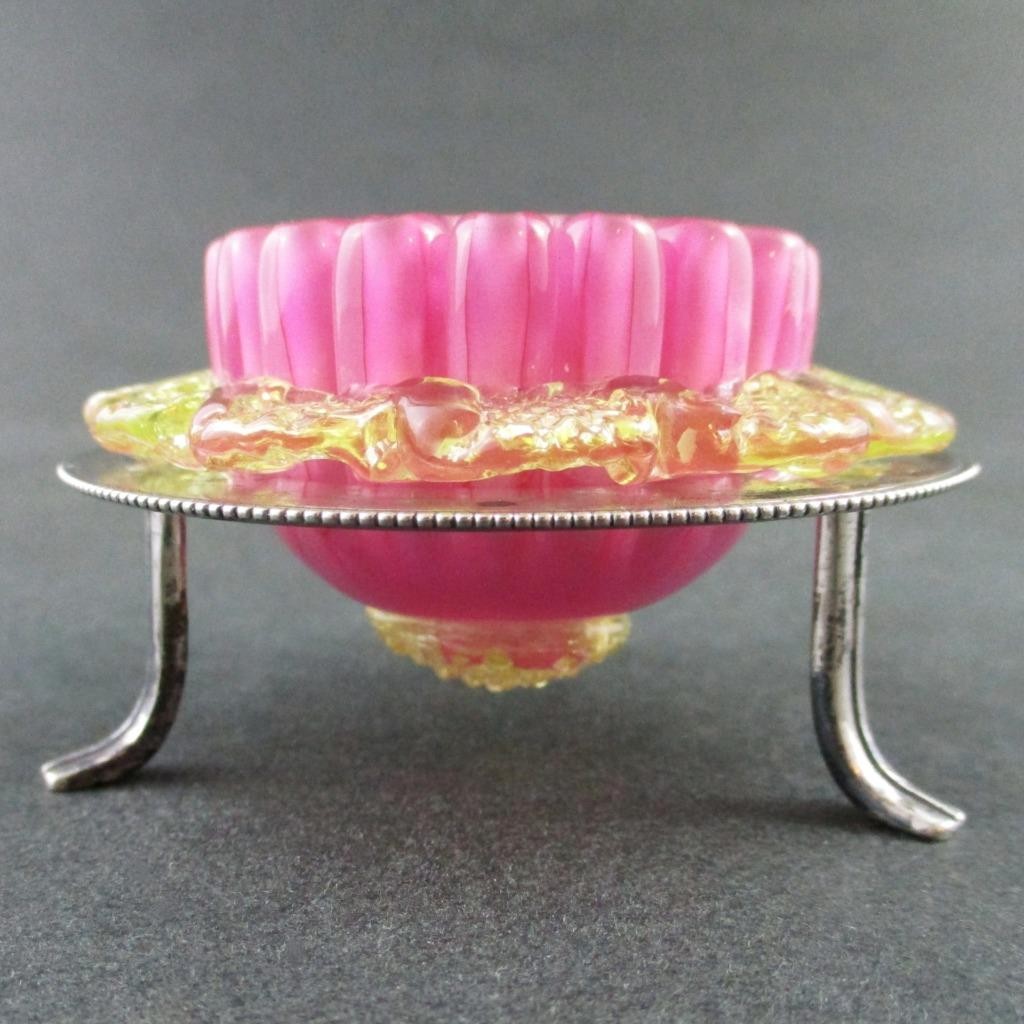 Antique OPEN SALT cellar Cased PINK glass URANIUM Rigaree - EPNS Holder MH&Co.