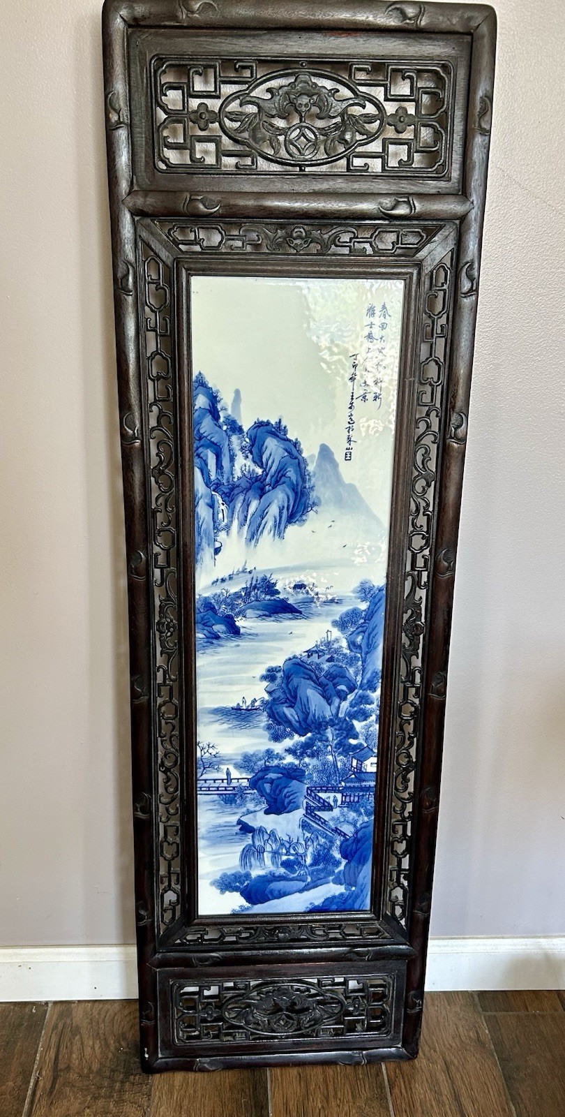 Oriental Blue White Porcelain Scene With Trees Mountains Village, People, Bridge
