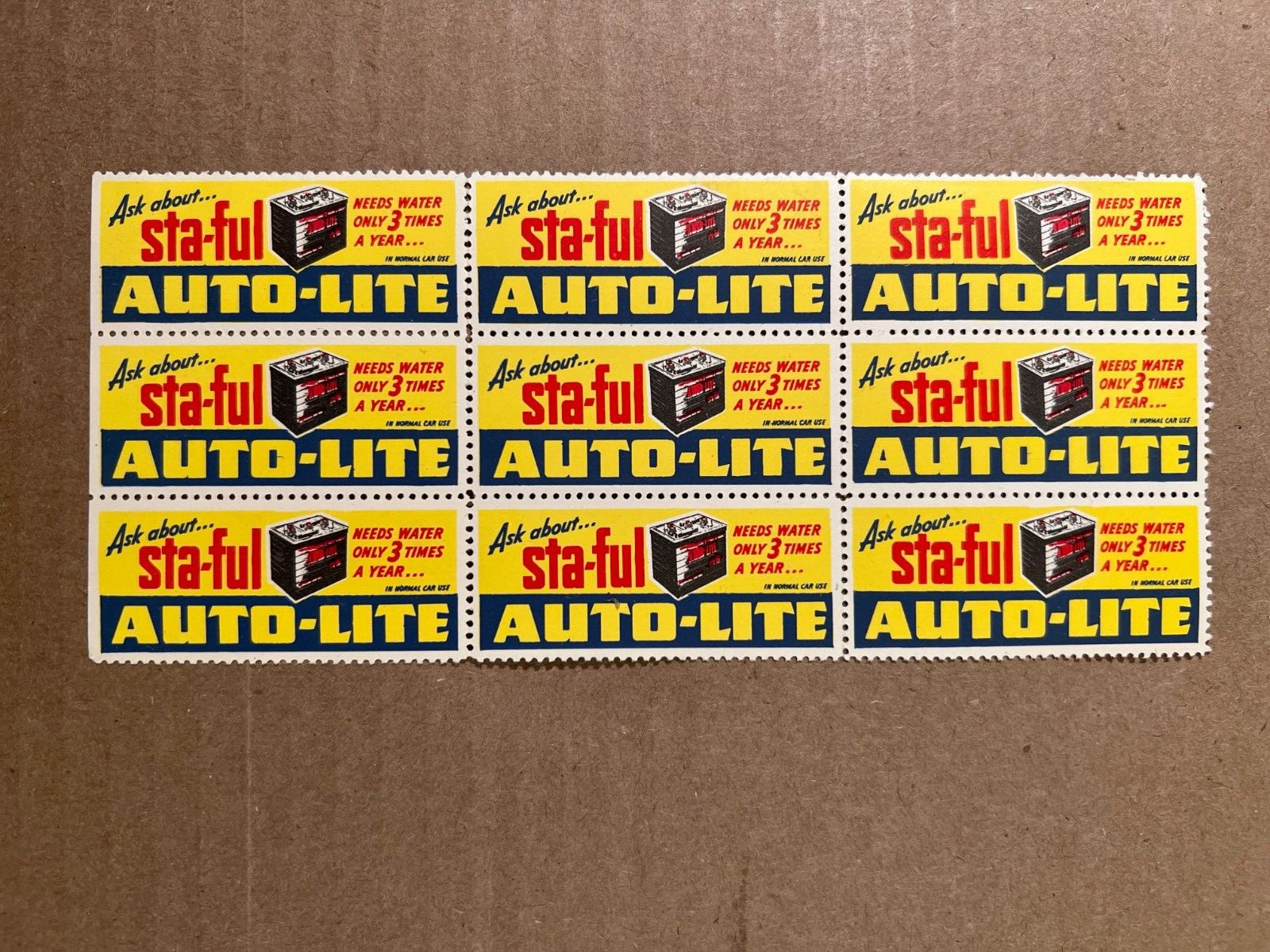 Auto-Lite Sta-ful Battery Advertising Stickers Block of 9 Circa 1950\'s NR/MT
