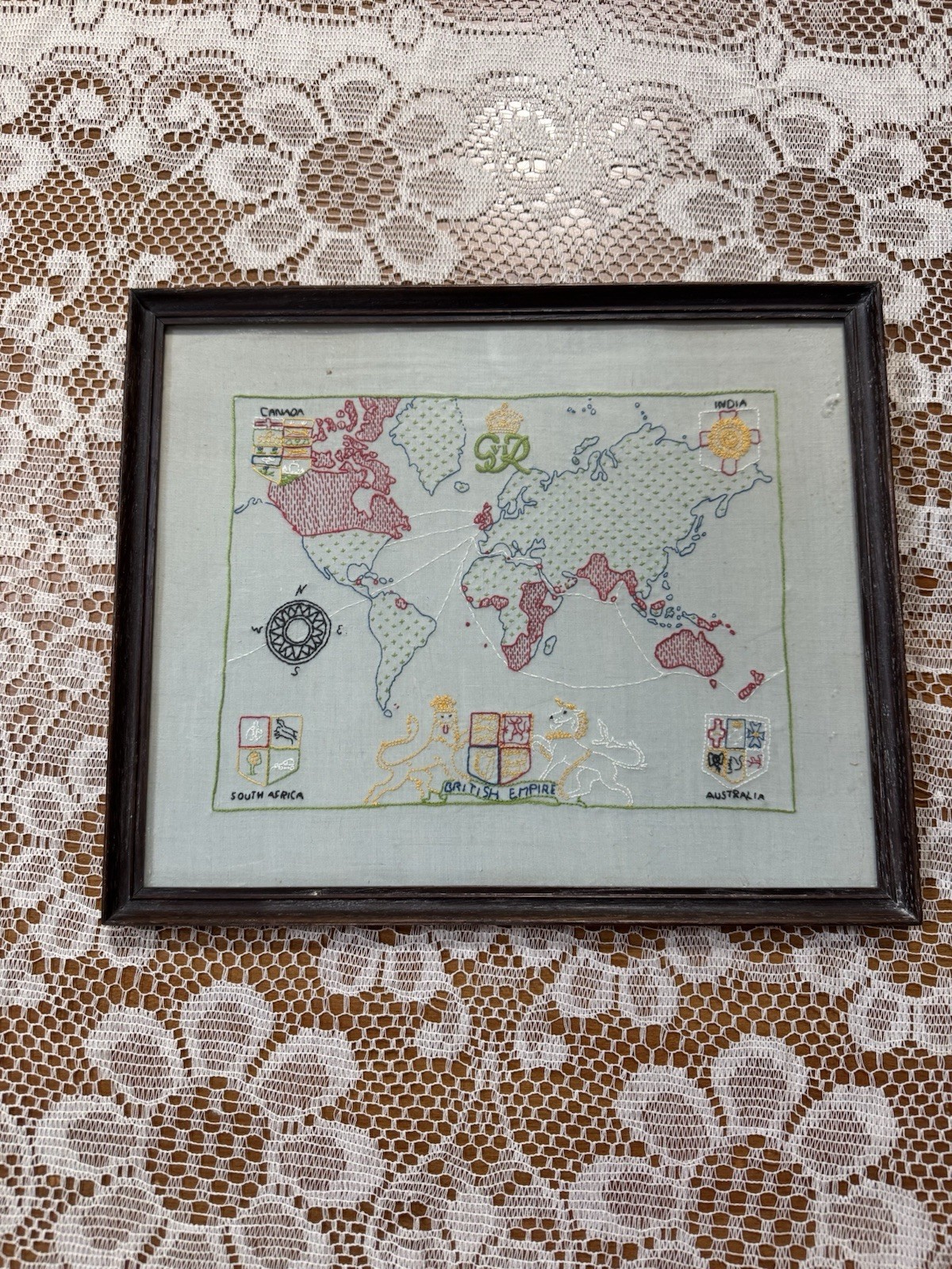 Vintage British Empire Embroidered Map Sampler King George V 1935 Commemorative
