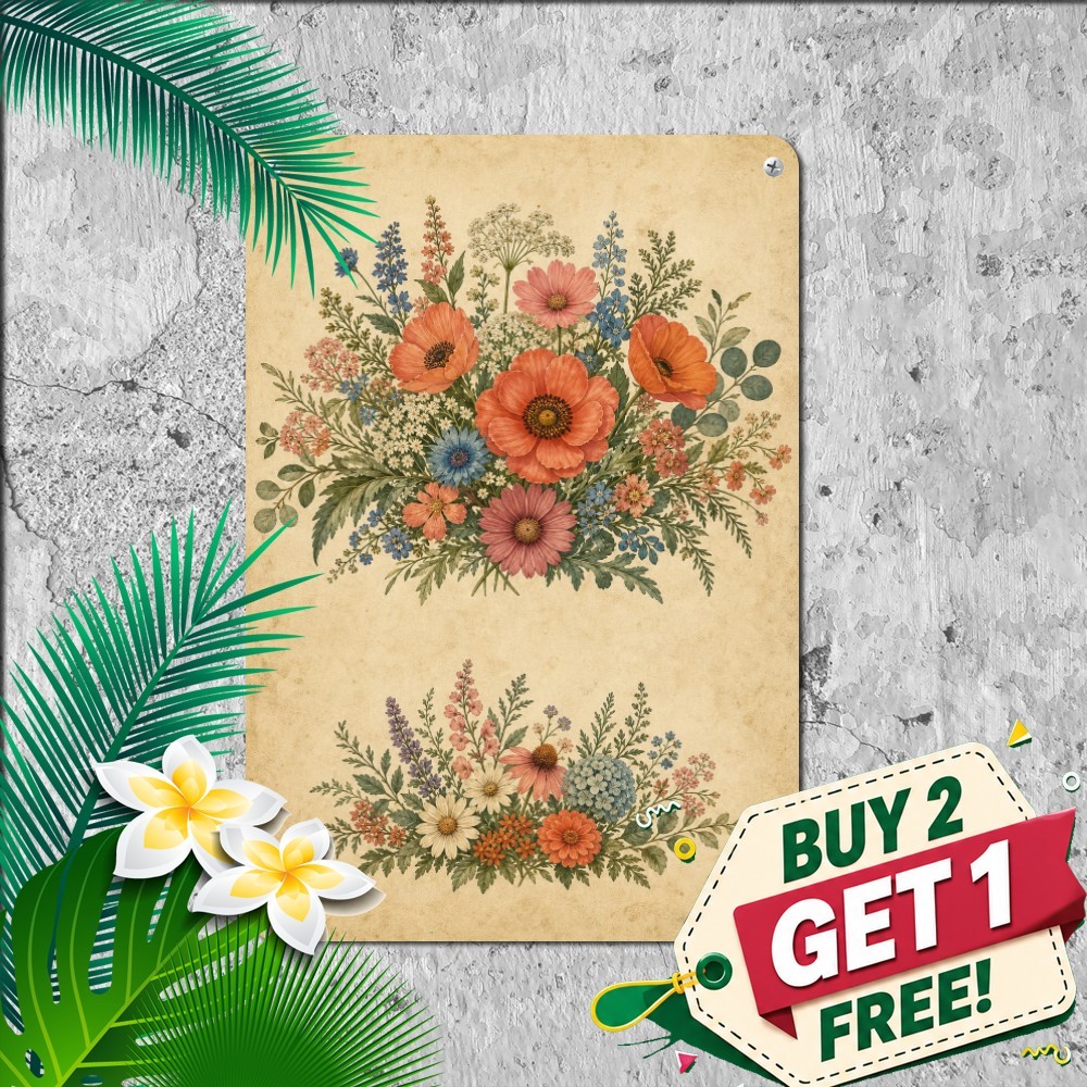 vintage floral botanical illustration two bouquet composition aged
