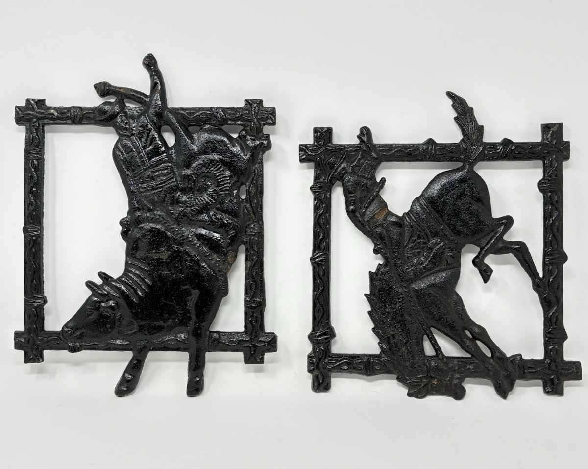 Cowboy Rodeo Kitchen Trivets Black Cast Iron Bronc Bull Riding Wall Decor (2)