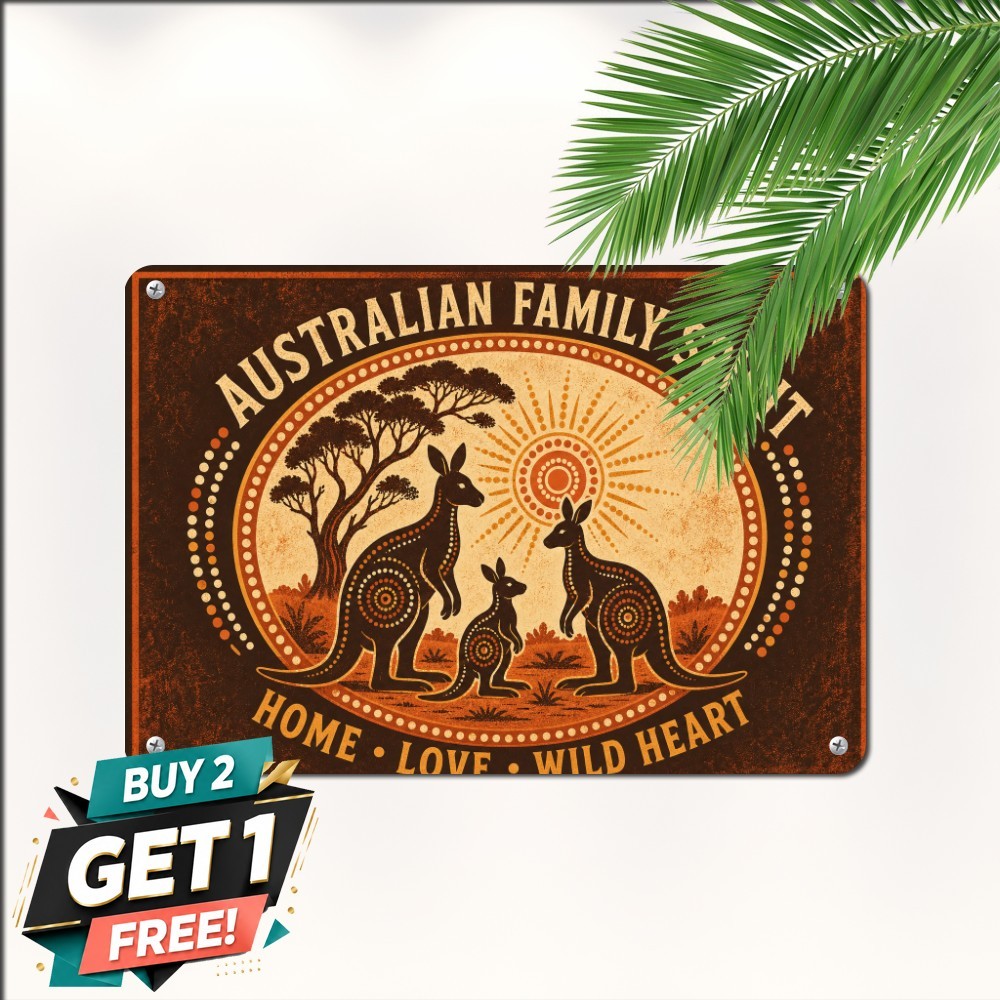 Australian Kangaroo Joey Family Silhouette Sunset Art Plaque Metal Tin Sign