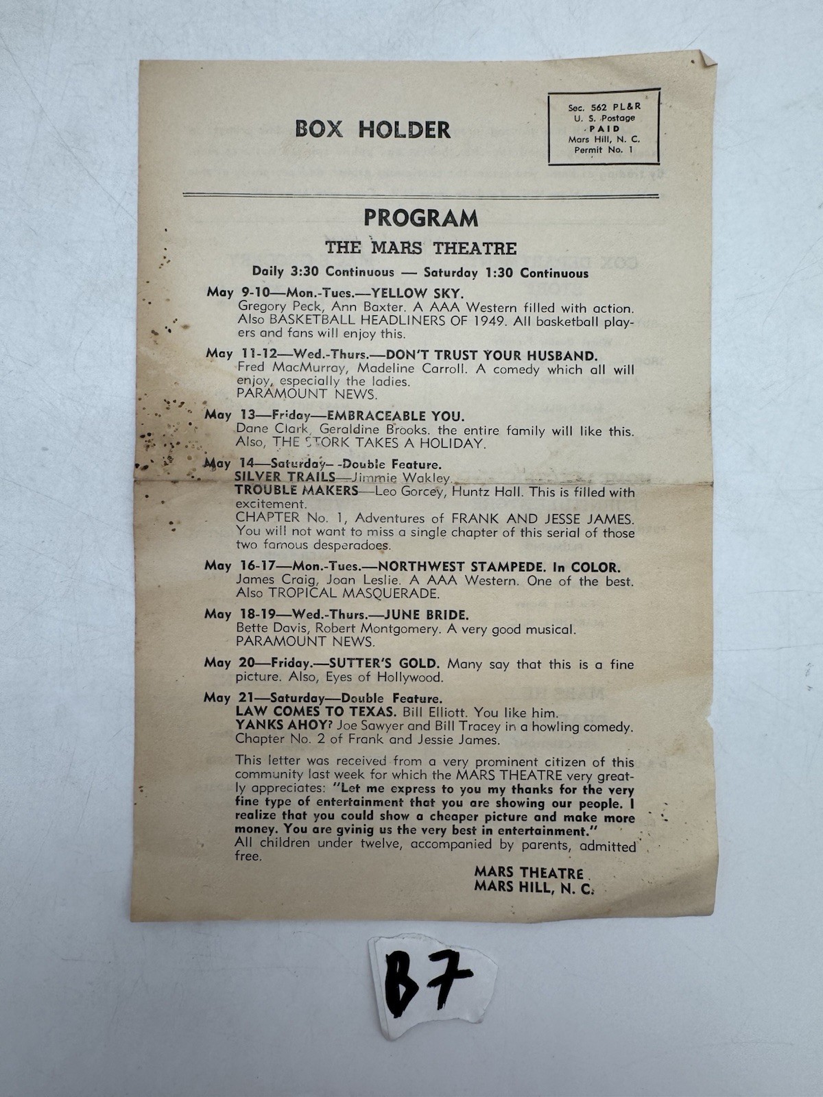 Mars Theatre May Program Handbill Mars Hill North Carolina Ephemera