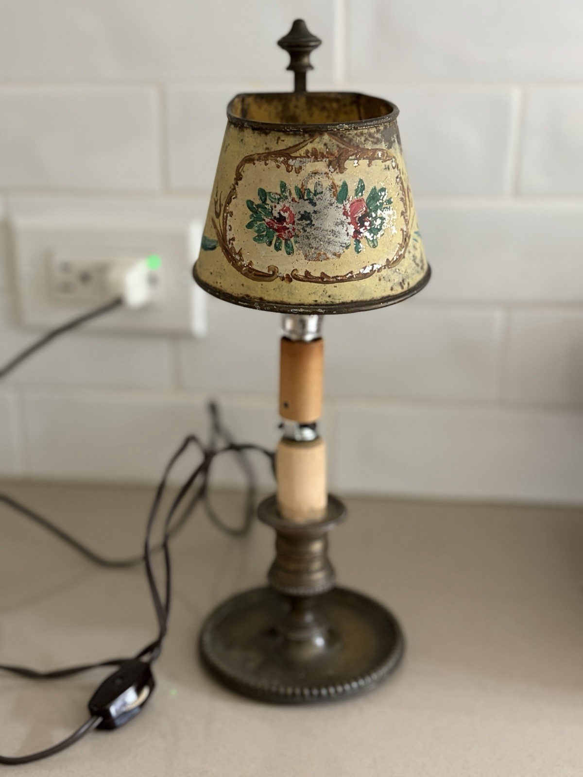 Antique 19thC French Hand Painted Tin Bouillotte Lamp Sold ‘as is’ but Working