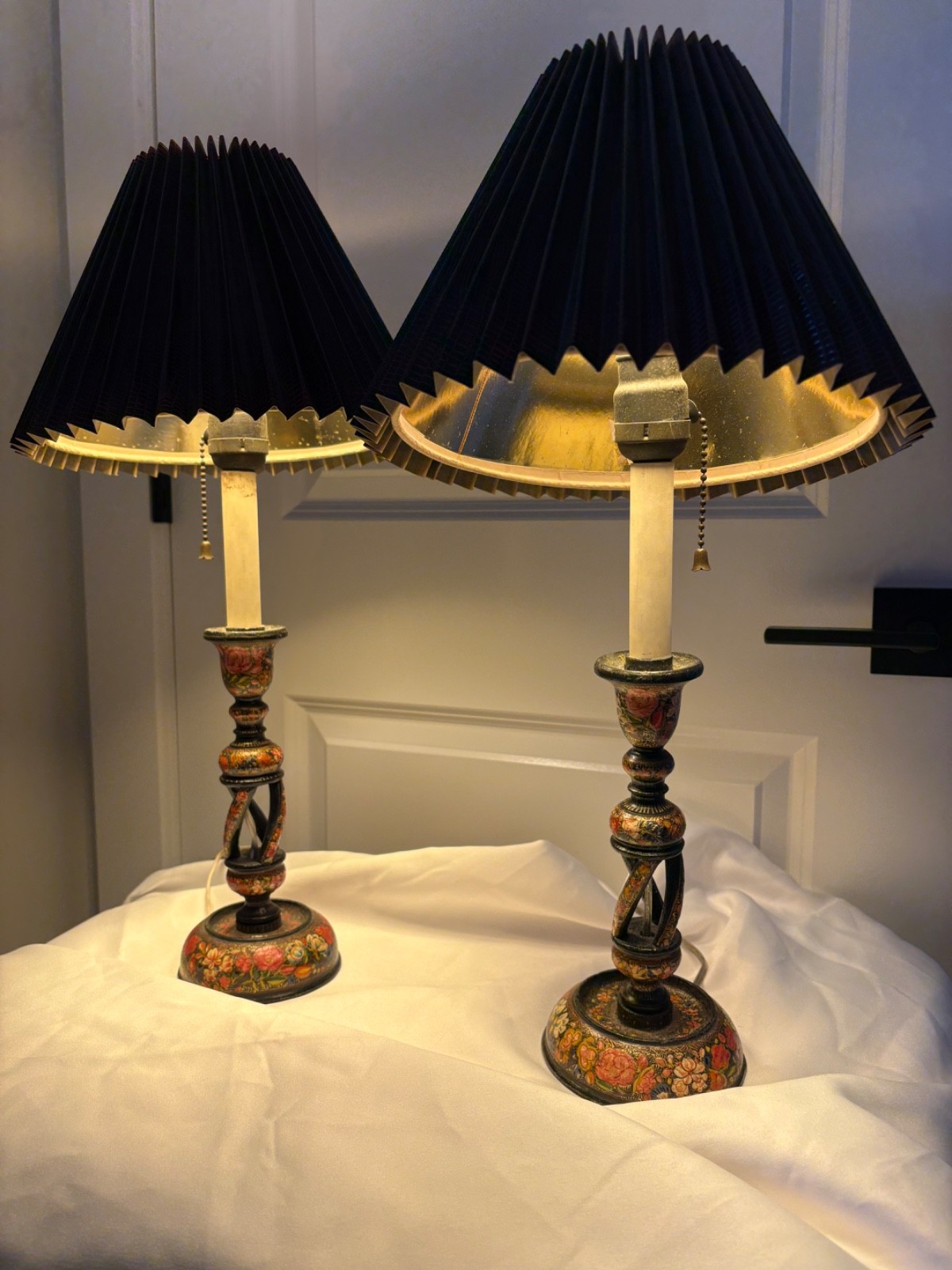 Pair Vintage Kashmiri Hand-Painted Papier-Mâché Candlestick Lamps w/ Black Pleat