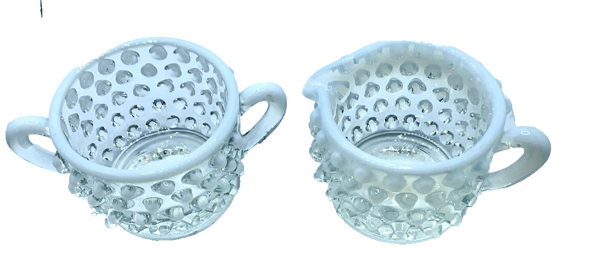 Vintage Fenton Moonstone Hobnail mini Sugar Bowl And Creamer Set 2\