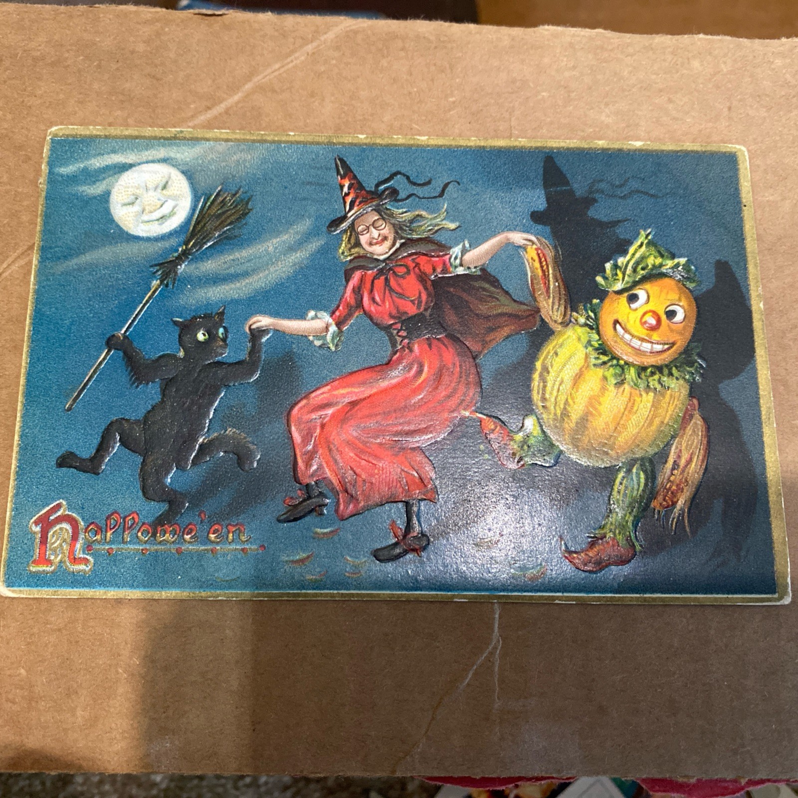 Vintage Postcard: Dancing Black Cat & Witch, Tuck\'s Halloween Series No.150 1908