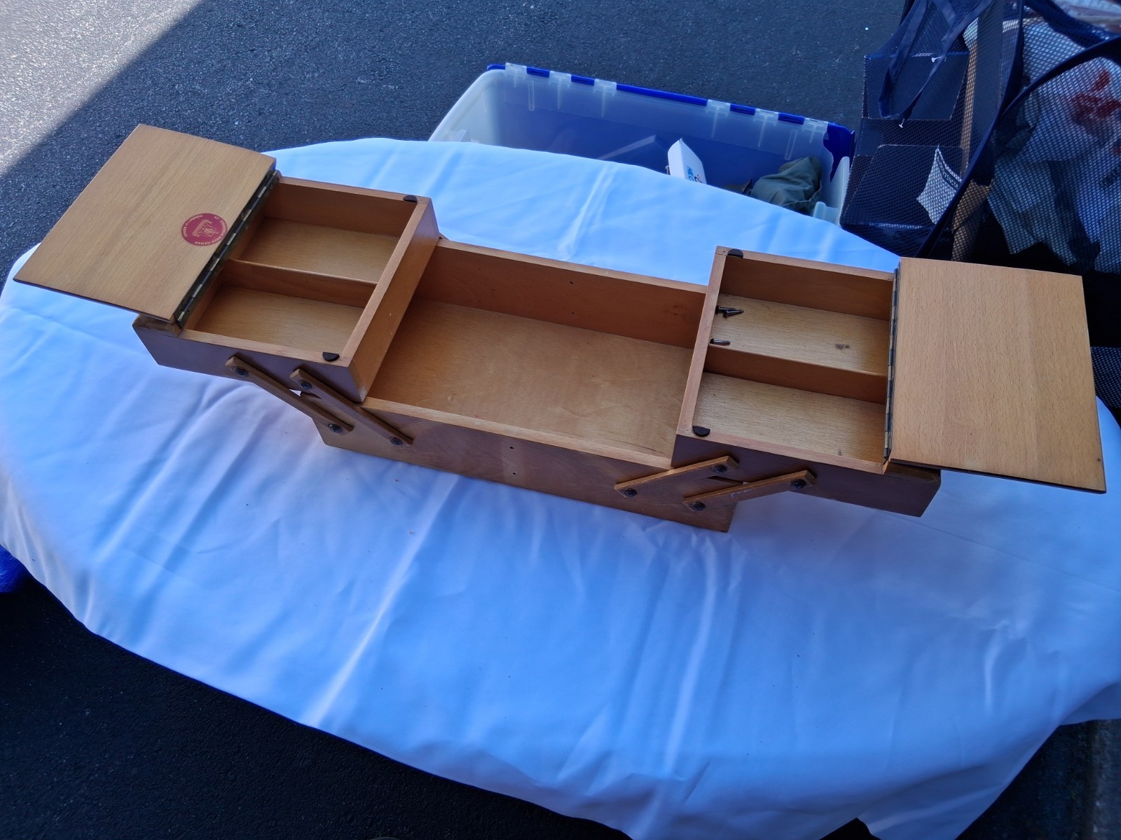 Mid-Century 1957 Norwegian Strømmen Bruk Hamar Wood Accordion Sewing Box