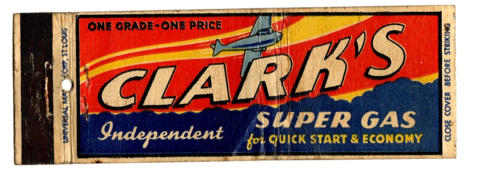 CLARK\'S SUPER GAS matchbook matchcover - VINTAGE GASOLINE ADVERTISING
