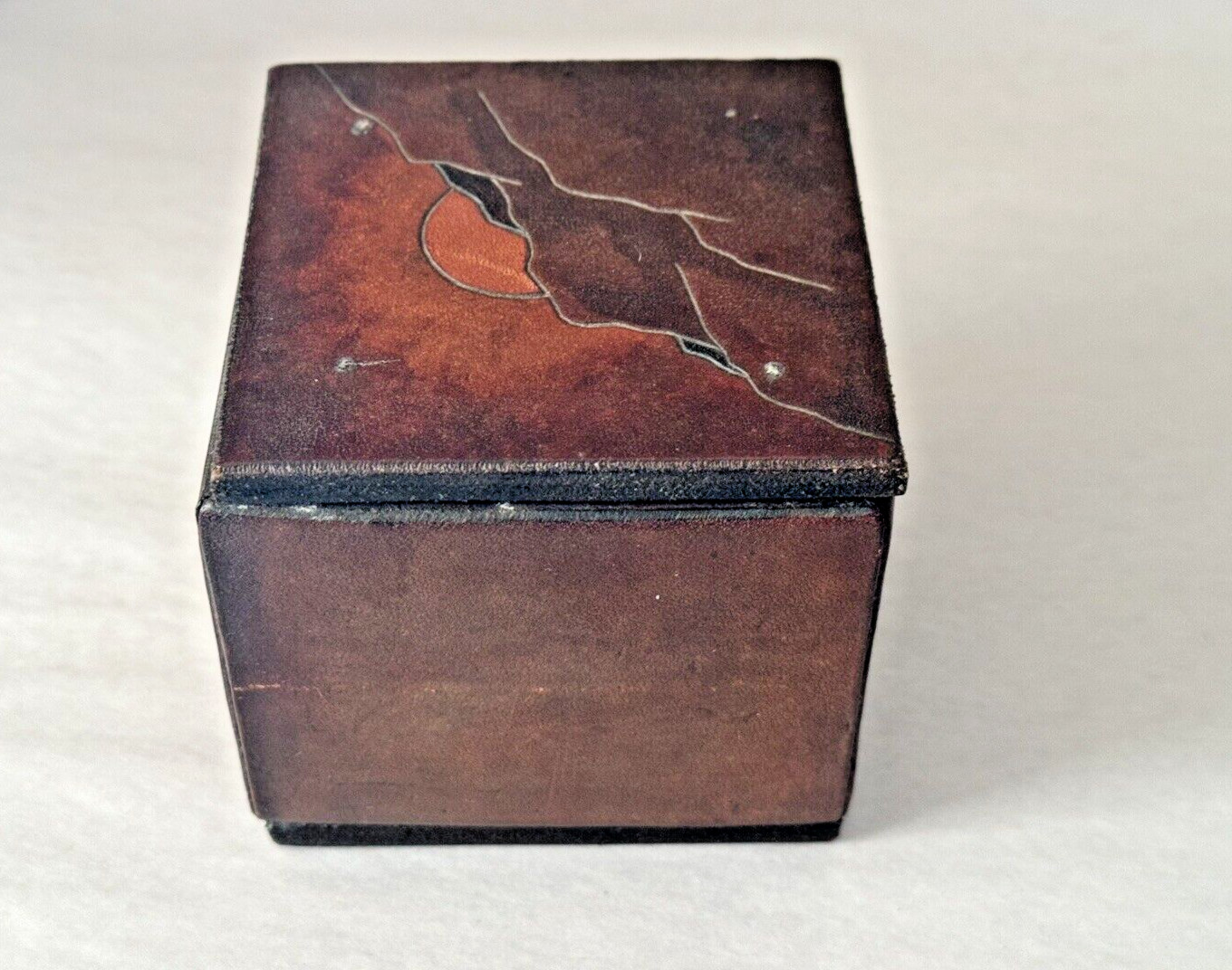 Vintage 1970's Rising Sun Decorated Leather Trinket Box, signed WRIGHT