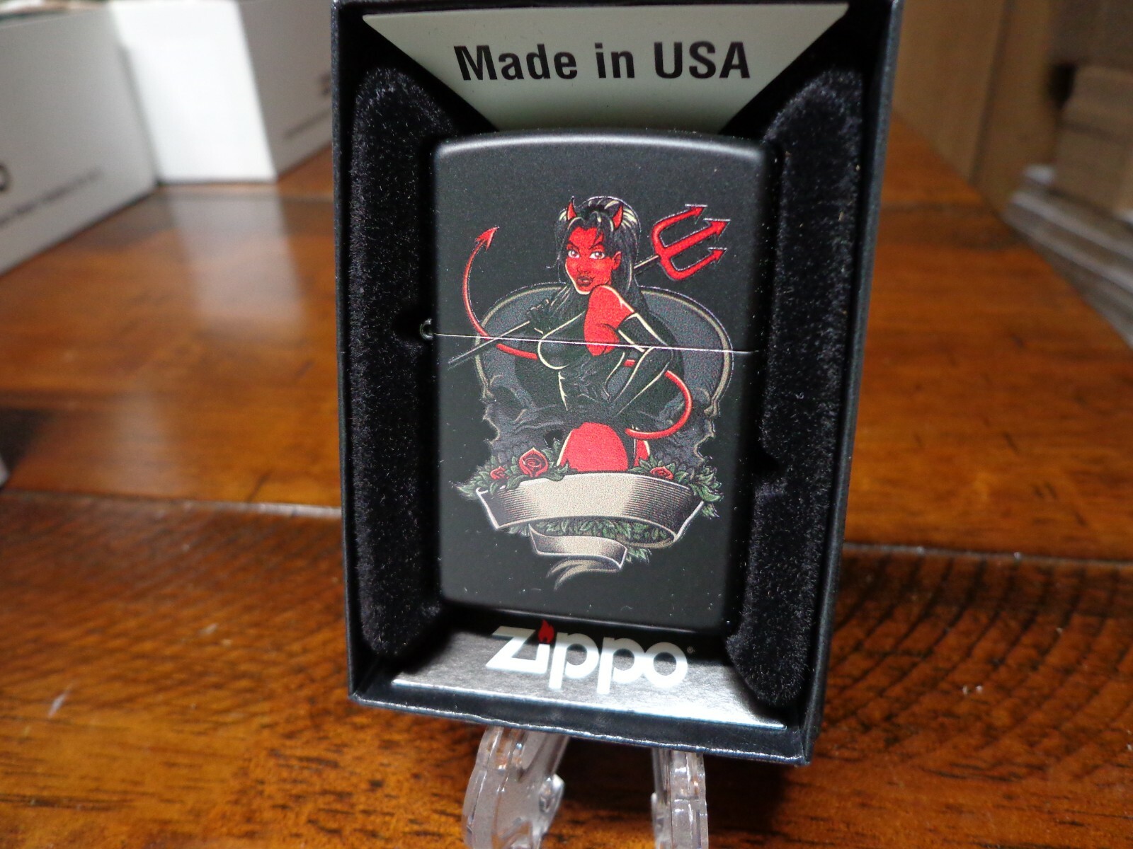 HORNY LITTLE DEVIL PINUP GIRL SKULLS ROSES BLACK MATTE ZIPPO LIGHTER MINT IN BOX