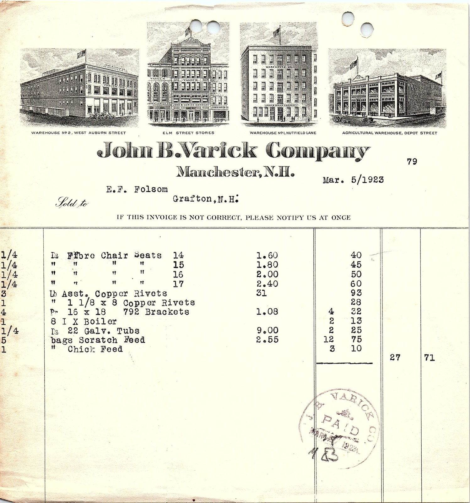 1923 John B. Varick Co. Manchester NH Hardware Billhead