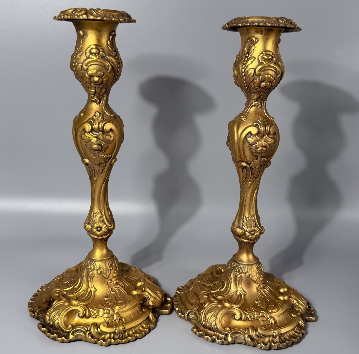 Pair of Antique Louis XIV Styled Gilt Bronze Candlesticks with Stylized Flowers 