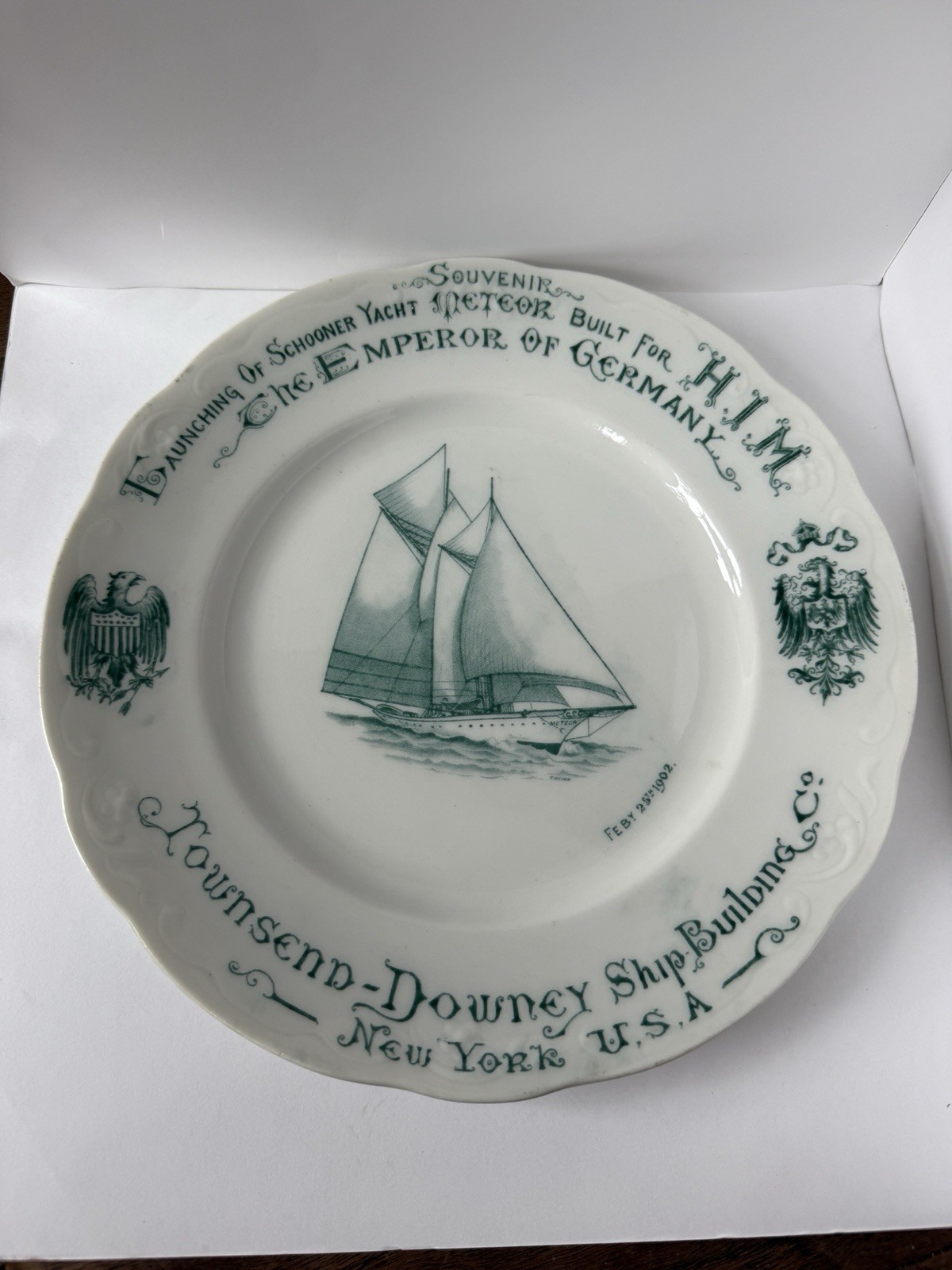 1902 Green Transferware Onondaga China Commemorative Ship 10