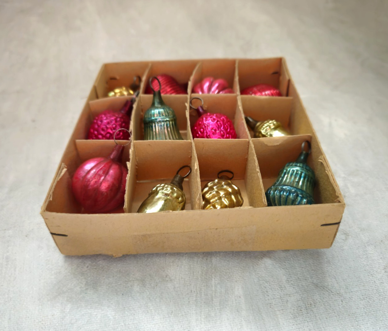 Vintage Feather Tree Glass Ornament Strawberry Heart Acorn Pinecone Bumpy