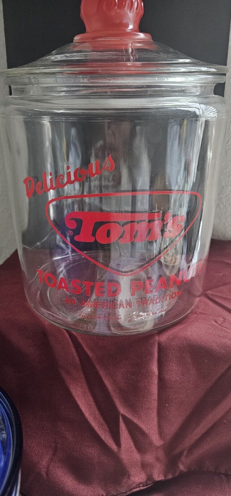 Vintage TOMS Red Handle Clear Glass Peanut Jar Large Sized
