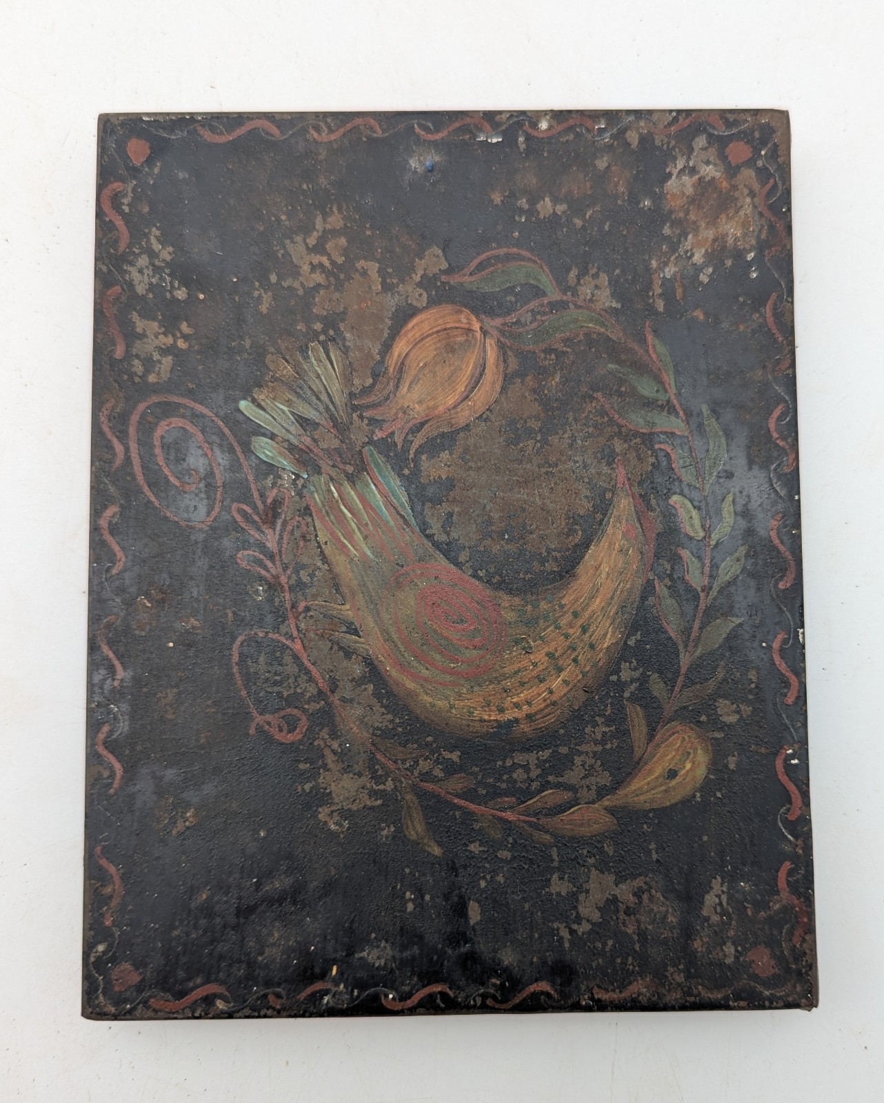 Antique 19th C American Toleware Tin Box Hand Painted Folk Art Bird 5.75