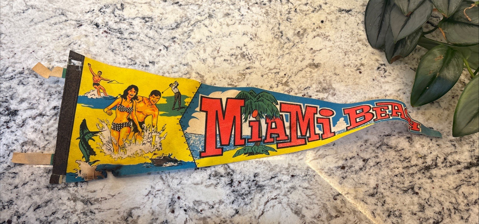 Vintage 1970s Miami Beach Florida Pennant Golf Marlin Bathing Suit Fishing Flag