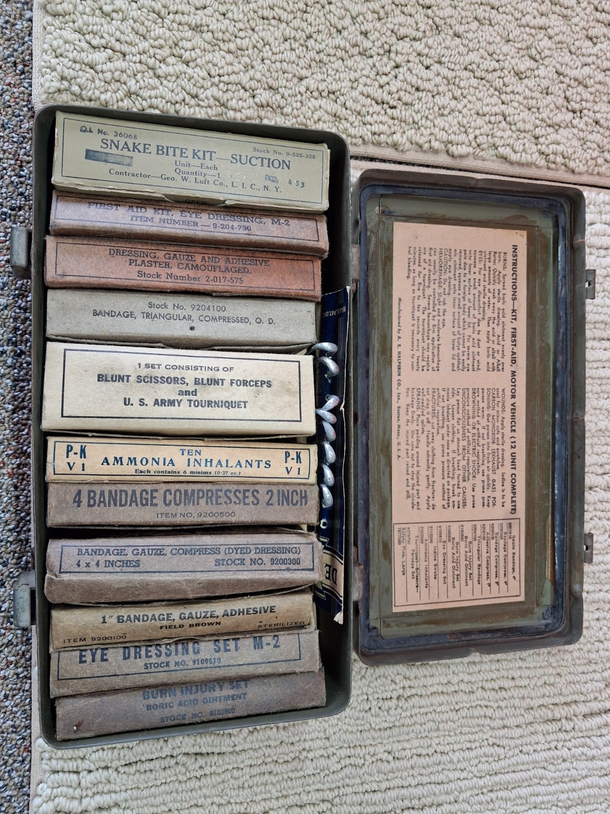 WWII US Army Motor Vehicle First Aid 12 Unit Kit With Content SOME Possibly Used
