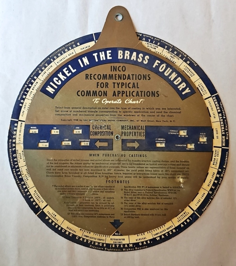 1938 International Nickel Company INCO Slide Wheel Nickel In Brass Foundry 9\