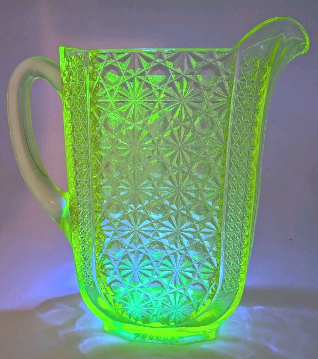 Antique ~1880s Vaseline Glass Water Pitcher Princess Fine Cut EAPG GLOWS 9