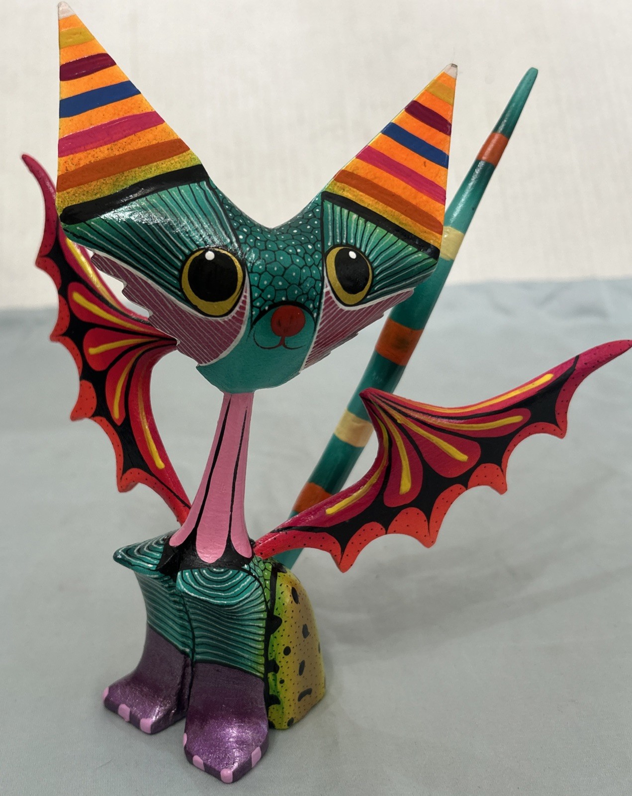 Oaxacan Alebrije Wood Carving Winged Cat Bat Mexican Folk Art  7” Tall