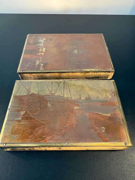 J Lowy Wien Brass Boxes Pair Etched Harbour Scene Vienna Austria Antique Vintage