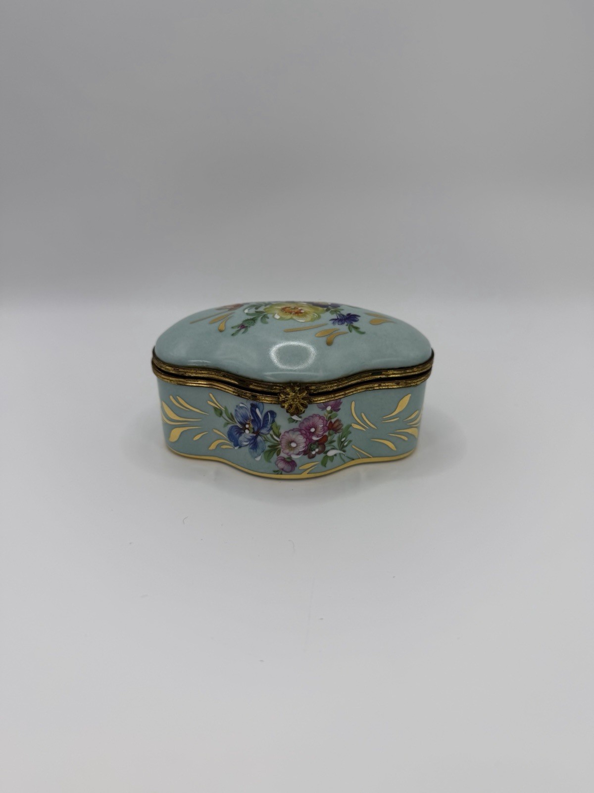 Vintage Limoges France Porcelain Hinged Trinket Box Light Blue Floral Gold Gilt