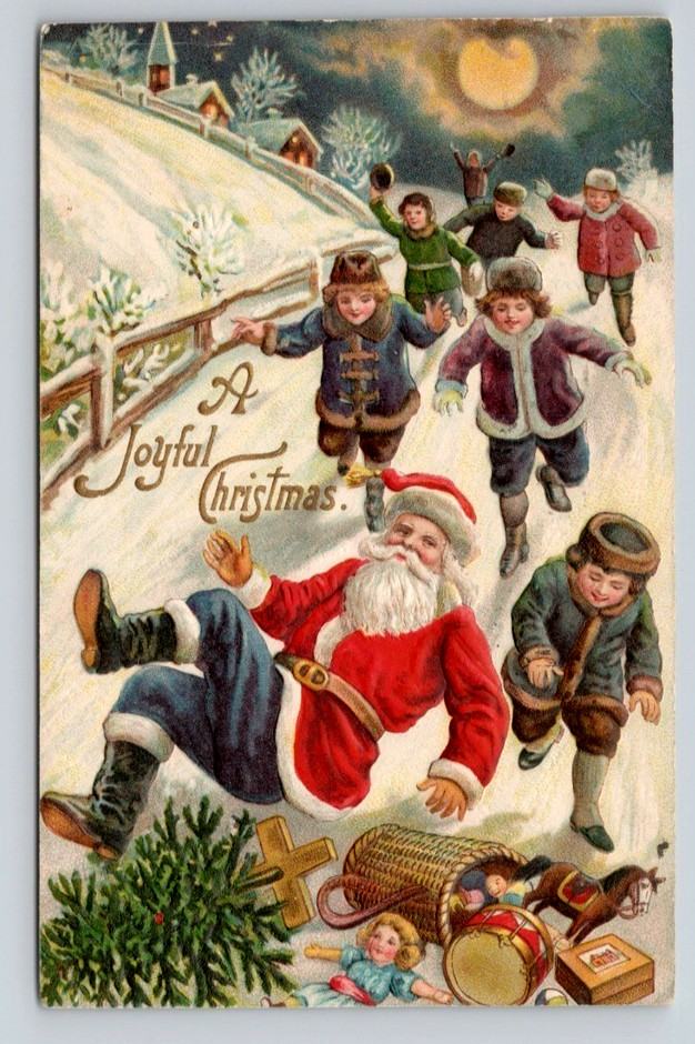 Children~Chase~Tumbling~Santa Claus in Snow ~Antique Christmas Postcard~s489