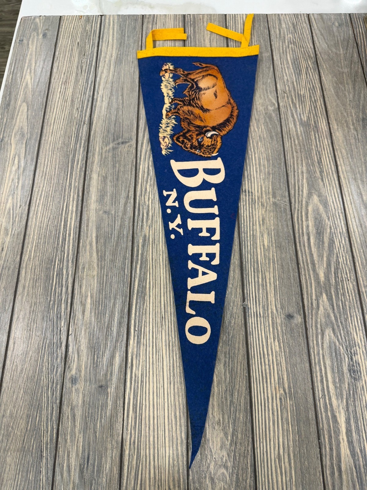 Vintage Buffalo N.Y. Pennant With Bison Graphic Dark Blue & Yellow Felt 31
