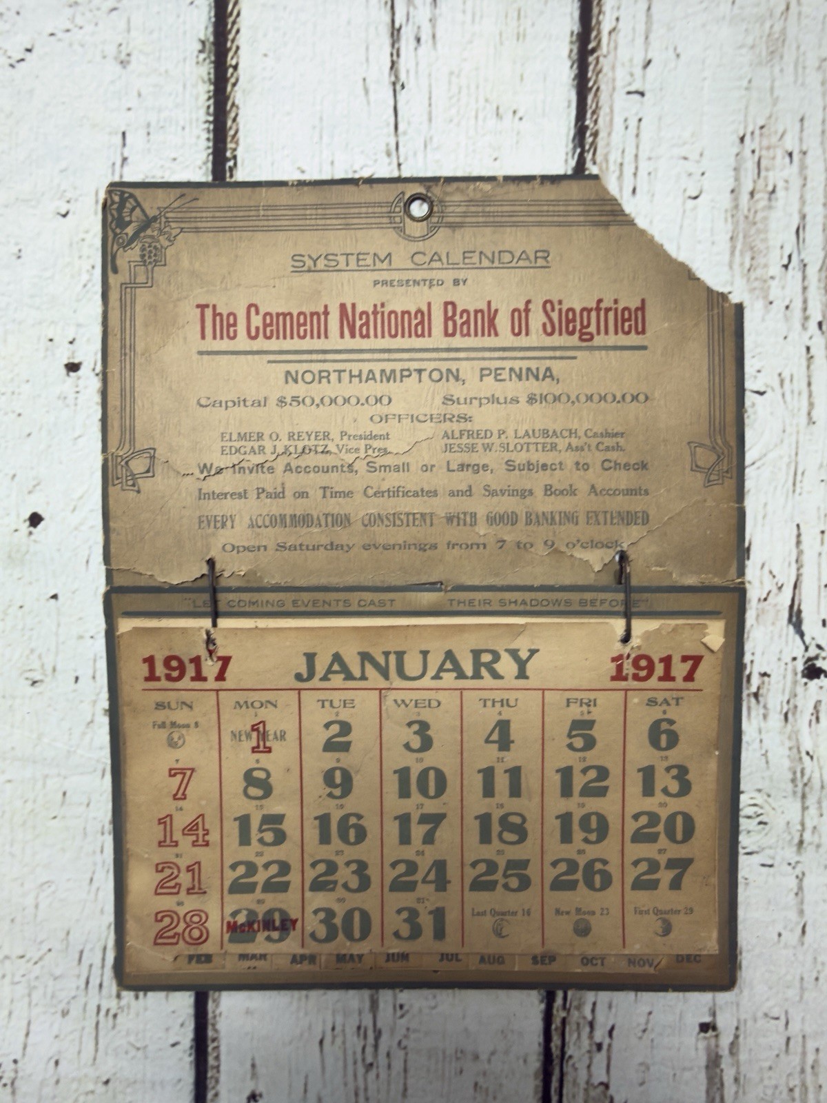 VTG The Cement National Bank Of Siegfried Northampton PA 1917 Calendar Sign READ