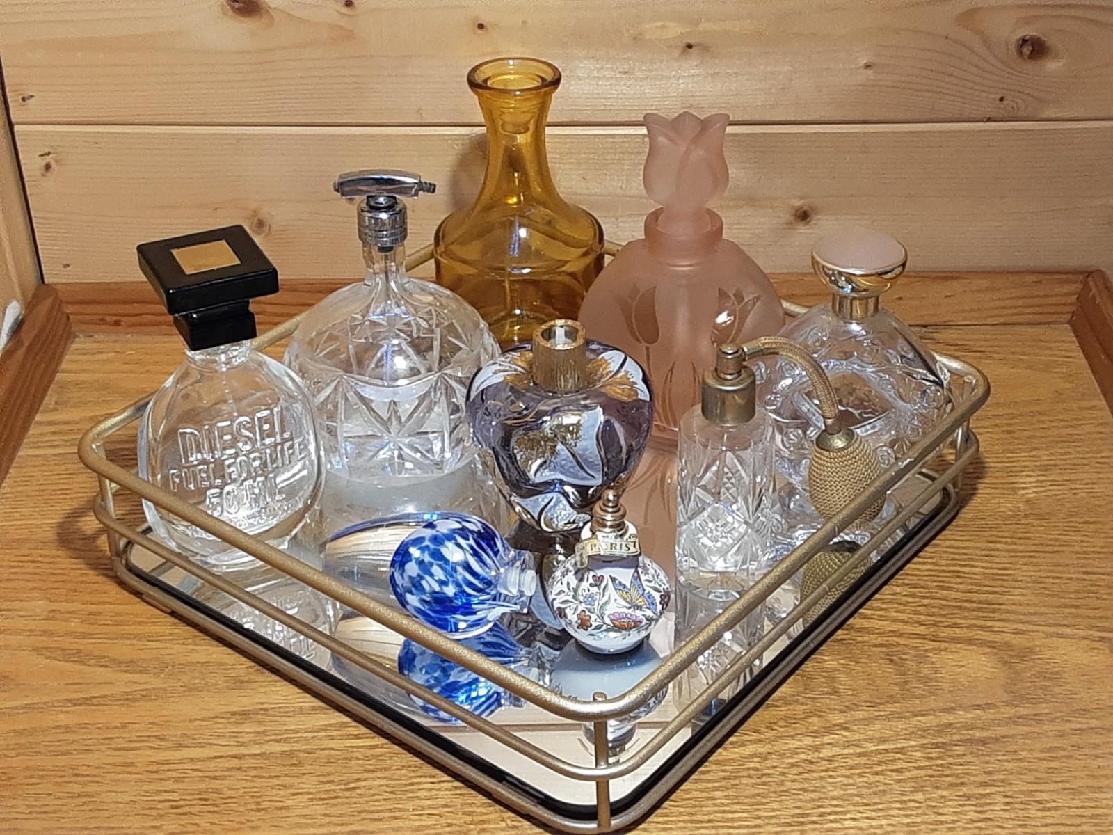 A Collection Of X9 Rare Vintage Empty Perfume Bottles & Mirrored Caddy Tray