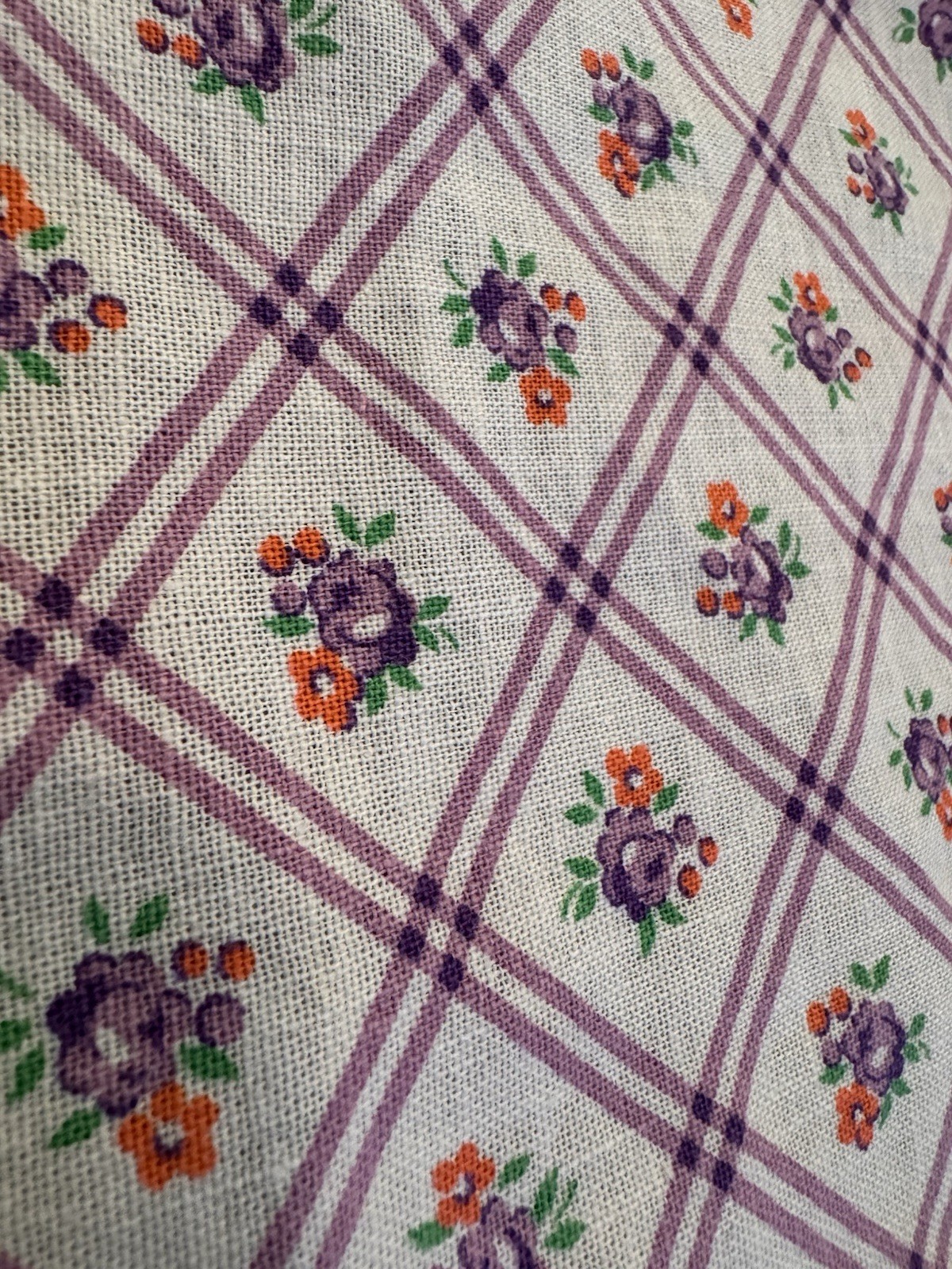 Antique Feedsack Fabric Full Unopened Purple Coral Pink florals lattice check