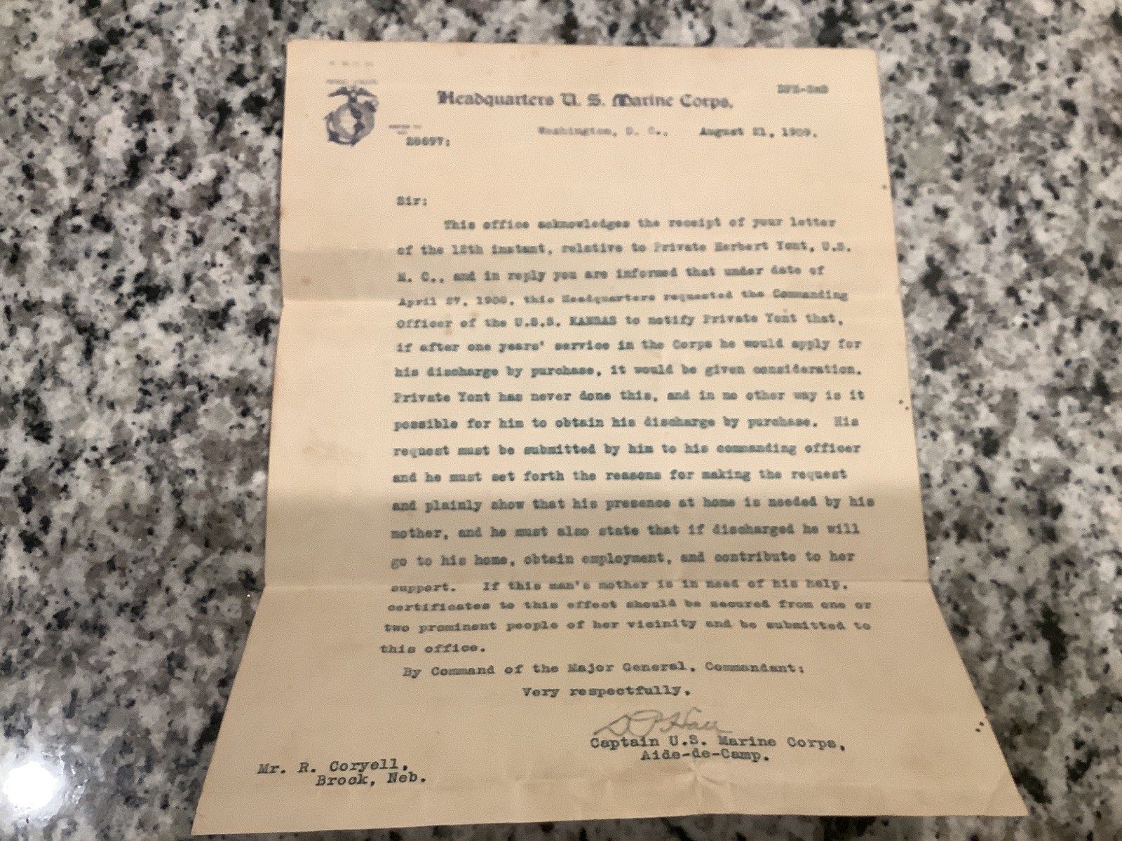 Original 1909 Official USMC Letter USS Kansas