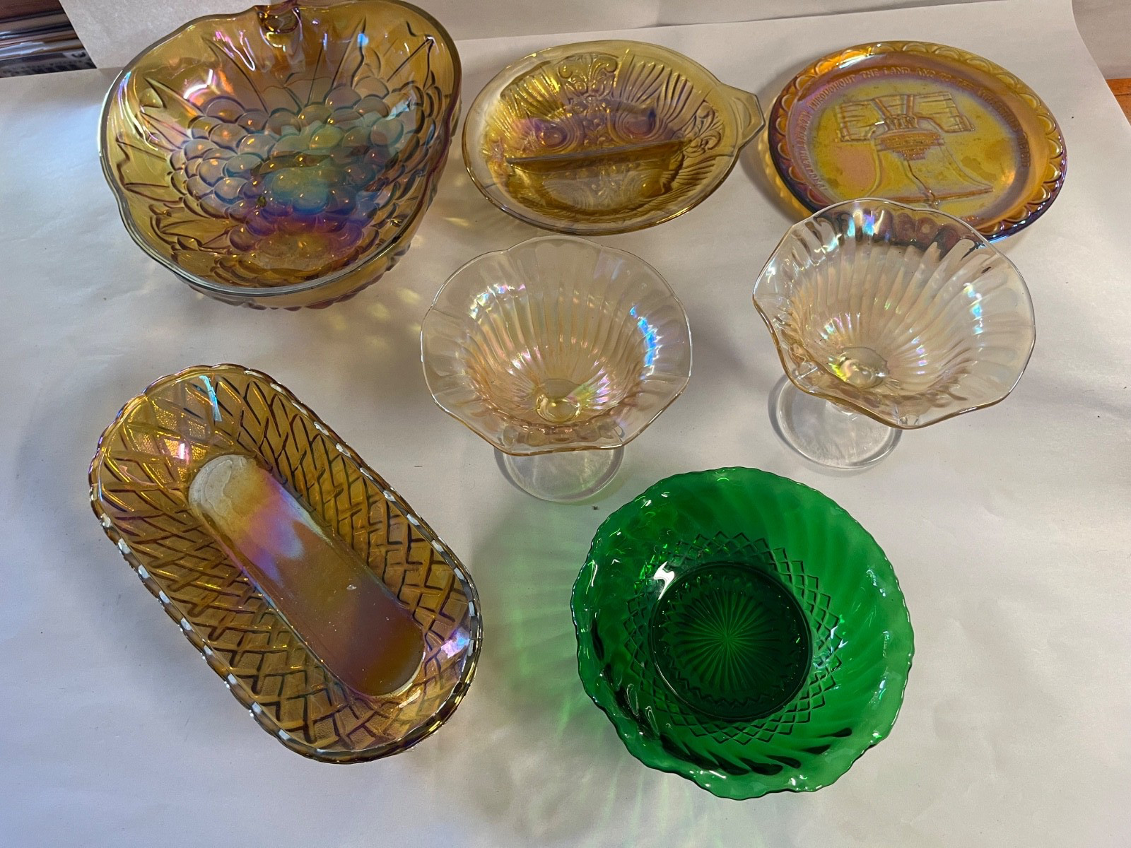 lot of 7 Vintage Amber & Carnival Glass Dishes Leaf & Basket weave Iridescent