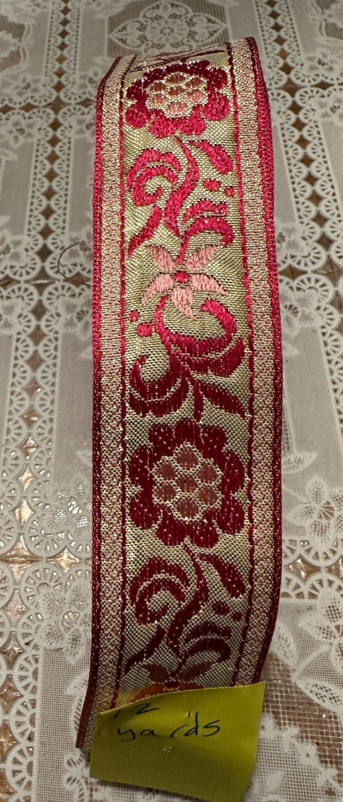 Fabric Trim Woven Boho Hippie Vintage 1970s Pink Gold Brocade 1.5\