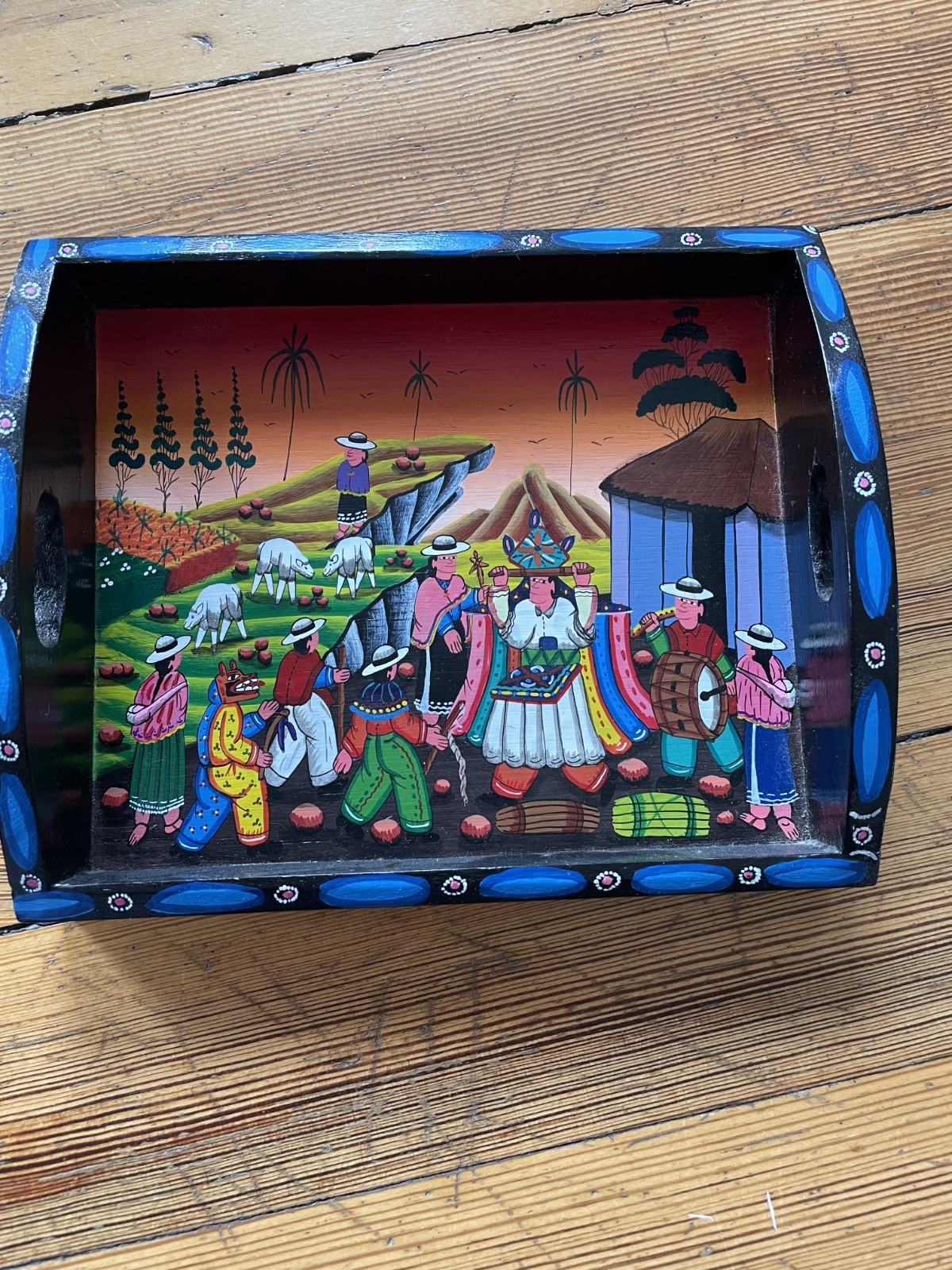 Vintage Tigua Fok Art Hand Painted Wooden Serving Tray Ecuador Andean Village